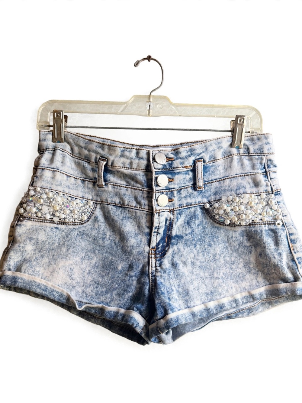 High-Waist Light Blue Acid-Wash Denim Shorts with Hand Beaded Pockets